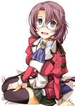  bad_id bad_pixiv_id blue_eyes blush braid breasts eiyuu_densetsu emma_millstein glasses long_hair medium_breasts open_mouth purple_hair round_eyewear sen_no_kiseki shikei sitting smile solo thighhighs 