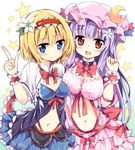  alice_margatroid blonde_hair blue_eyes blush breast_press breasts capelet choker cleavage flower frilled_skirt frills gradient gradient_background hair_flower hair_ornament hairband hat large_breasts long_hair looking_at_viewer maturiuta_sorato multiple_girls navel patchouli_knowledge purple_eyes purple_hair red_eyes shawl short_hair skirt smile star touhou wrist_cuffs 