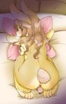  4_toes anthro anus bed blush breasts brown_hair censored female fur hair lagomorph long_ears long_hair looking_back mammal pillow rabbit setouchi_kurage sex_toy short_tail solo toes yellow_fur 