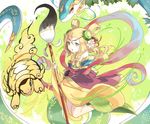  bare_shoulders blonde_hair calligraphy_brush chinese_clothes flower green_eyes hair_flower hair_ornament hair_rings hillly_(maiwetea) meimei_(p&amp;d) paintbrush puzzle_&amp;_dragons snake solo turtle turtle_shell 