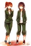  alternate_hairstyle artist_name black_hair braid brown_eyes brown_hair commentary_request grin gym_shirt gym_uniform jacket kantai_collection kitakami_(kantai_collection) long_hair multiple_girls no_socks one_eye_closed ooi_(kantai_collection) open_clothes open_jacket open_track_jacket pants pants_rolled_up ponytail purple_eyes shirt shoes short_hair signature smile sneakers toosaka_asagi track_jacket track_suit 