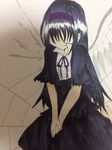  akemi_homura black_hair dress feathered_wings funeral_dress hairband long_hair mahou_shoujo_madoka_magica mahou_shoujo_madoka_magica_movie no_eyes simple_background solo spoilers wings 