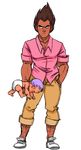  animated animated_gif artist_request baby casual dark_skin dark_skinned_male dragon_ball dragon_ball_z father_and_son hand_in_pocket laughing multiple_boys pants pants_rolled_up pink_shirt shirt tossing trunks_(dragon_ball) vegeta 