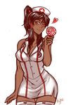  avatar:_the_last_airbender bangs blush breasts brown_hair candy cleavage dark_skin female heart iahfy k-y-h-u korra legend_of_korra looking_at_viewer medium_breasts nickelodeon nurse ponytail simple_background solo the_legend_of_korra thighhighs white_background wide_hips wink zettai_ryouiki 