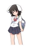  alternate_costume animal_ears bag black_hair brown_hair bunny_ears hachi_(chihagura) inaba_tewi looking_at_viewer pink_eyes pleated_skirt school_uniform serafuku shirt short_sleeves shoulder_bag simple_background skirt solo touhou white_background 