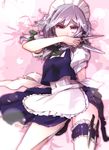  absurdres apron bow braid hair_bow highres izayoi_sakuya knife leg_garter looking_at_viewer maid maid_headdress pemu purple_eyes short_hair silver_hair sketch solo touhou twin_braids waist_apron 