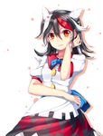  bad_id bad_pixiv_id black_hair bow chin_rest directional_arrow dress highres horns kijin_seija looking_at_viewer multicolored_hair orange_eyes papo red_hair short_hair short_sleeves solo streaked_hair touhou white_background white_hair 