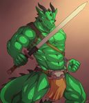  abs anthro belt biceps big_muscles clothed clothing dragon fangs green_dragon green_skin grin half-dressed happy hi_res horn loincloth looking_at_viewer male manly muscles pecs plain_background pose rabbity red_eyes reptile scales scalie sharp_teeth slit_pupils smile solo spikes standing sword teeth toned topless varanis_blackclaw varanis_ridari weapon 