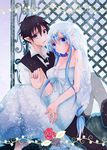  1girl asuna_(sao) asuna_(sao-alo) bad_id bad_pixiv_id black_hair blue_eyes blue_hair bridal_veil carrying couple dress formal hetero kirito kirito_(sao-alo) long_hair pointy_ears princess_carry short_hair suit sword_art_online toujirou veil vest wedding_dress 