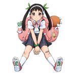  backpack bag bandaid bandaid_on_knee between_legs black_hair full_body hachikuji_mayoi hairband hand_between_legs long_hair looking_at_viewer monogatari_(series) red_eyes simple_background sitting smile tsi twintails v_arms white_background 