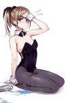  1girl bare_shoulders black_legwear blue_eyes blush breasts brown_hair cleavage detached_collar feet highres leotard looking_at_viewer original pantyhose ponytail rough short_hair simple_background sketch small_breasts solo spill takeuchi_aya tears tray white_background wrist_cuffs 