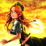  chinese_clothes cloud from_side green_eyes hong_meiling leaning_forward long_hair looking_at_viewer orange_(color) puffy_short_sleeves puffy_sleeves red_hair short_sleeves side_slit skirt skirt_set sky smile solo standing sunset tangzhuang touhou 