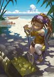  bandana bare_shoulders beach black_light breasts brown_hair goggles goggles_on_head gold long_hair medium_breasts original outdoors ponytail shovel smile thighhighs treasure treasure_chest water yellow_eyes 