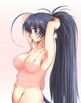  1girl adjusting_hair armpits arms_up black_hair blue_eyes bottomless breasts cat_tail erect_nipples female hand_behind_head highres large_breasts long_hair long_ponytail mound_of_venus navel nenngajyoh no_bra original ponytail profile shirt solo standing tail very_long_hair 