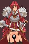  armor censored circlet coat fingerless_gloves fur garter_straps gloves hand_on_hilt long_hair looking_at_viewer no_panties novelty_censor original red_eyes red_hair smile solo sword thighhighs translation_request weapon yanagida_fumita 