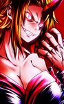  bare_shoulders blonde_hair breasts cleavage dress fang glowing glowing_eyes grin highres hoshiguma_yuugi hoshiguma_yuugi_(promo) large_breasts long_hair off-shoulder_dress off_shoulder pointy_ears red_eyes smile solo star touhou upper_body veins yagami_(mukage) 
