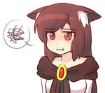  :i animal_ear_fluff animal_ears annoyed brooch brown_hair commentary dress ears_down imaizumi_kagerou jewelry long_hair pout red_eyes shaded_face solo spoken_squiggle squiggle touhou upper_body white_background white_dress wolf_ears wool_(miwol) 