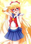  :d aino_minako back_bow bishoujo_senshi_sailor_moon blonde_hair blue_eyes blue_sailor_collar blue_skirt bow choker crescent crop_top facial_mark forehead_mark hair_bow hair_flip hand_on_own_face highres long_hair magical_girl mask open_mouth red_bow sailor_collar sailor_senshi_uniform sailor_v shoulder_pads skirt smile solo wang_jiabo yellow_background 