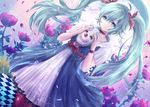  alicetype aqua_eyes aqua_hair choker dress flower hatsune_miku highres karakuri_pierrot_(vocaloid) long_hair looking_at_viewer mask nail_polish pantyhose petals smile solo tears twintails very_long_hair vocaloid 