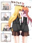  2girls blonde_hair blush fate_testarossa female hand_holding inu0831 kiss lyrical_nanoha mahou_shoujo_lyrical_nanoha multiple_girls orange_hair scarf school_uniform snow snowflake snowflakes takamachi_nanoha translation_request uniform winter yuri 