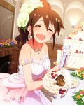  :d ^_^ artist_request brown_hair closed_eyes dress eating english gloves idolmaster idolmaster_million_live! jewelry necklace official_art open_mouth satake_minako smile wedding_cake wedding_dress 