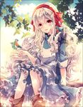  bad_id bad_pixiv_id bird blonde_hair bow hair_ornament hairband kabocha_torute kagerou_project kozakura_marry leaf long_hair looking_at_viewer parted_lips petals pink_eyes red_eyes sitting smile solo tree_branch 