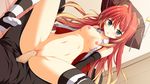  1boy 1girl breasts clothed_sex elbow_gloves erection fortissimo//akkord:bsusvier gloves green_eyes hair_ornament hat long_hair looking_at_viewer medium_breasts navel ooba_kagerou open_clothes open_mouth penis pussy red_hair safety_pin satomura_momiji sex sitting sitting_on_person spread_legs thighs uncensored vaginal 