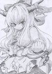  belt bow chain clenched_hands dokumannju graphite_(medium) grey_background greyscale hair_bow highres horn_ribbon horns ibuki_suika long_hair looking_at_viewer low-tied_long_hair monochrome pyramid_(geometry) ribbon shirt sidelocks simple_background sketch skirt sleeveless sleeveless_shirt smile solo touhou traditional_media 