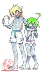  blonde_hair boxers briefs colored digimon duo felice-chan fuse_the_wizardmon green_hair hair hand_on_shoulder long_hair male marker_(art) milk milk_carton nipples nude open_mouth plain_background shy size_difference snowflake sorcerymon stitches traditional_media underwear white_background wizardmon 