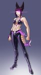  1girl bare_shoulders belt black_hair boots breasts clenched_hands cosplay diepod fishnets full_body glowing glowing_eye han_juri highres jojo_no_kimyou_na_bouken kuujou_jolyne kuujou_jolyne_(cosplay) medium_breasts midriff navel purple_eyes sash sideboob single_sleeve solo spiked_hair standing street_fighter twintails 