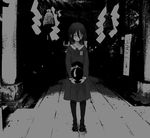  anetai_toyone dress greyscale hana-kagume hat hat_removed hat_ribbon headwear_removed holding holding_hat long_hair mary_janes monochrome pantyhose ribbon saki school_uniform shoes solo standing temple 