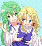  azuuru bad_id bad_nicoseiga_id bare_shoulders blonde_hair blue_eyes blush breast_grab breasts detached_sleeves frog_hair_ornament grabbing green_eyes green_hair hair_ornament highres kochiya_sanae moriya_suwako multiple_girls no_hat no_headwear open_mouth sidelocks touhou upper_body 