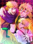  blonde_hair child dio_brando jojo_no_kimyou_na_bouken licking_lips male_focus meiji_ken multiple_boys multiple_persona older red_eyes scarf suspenders tongue tongue_out vampire younger 