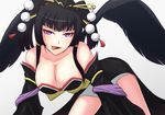  all_fours bare_shoulders black_hair black_wings breasts cleavage dead_or_alive dead_or_alive_5 detached_sleeves eyeliner hat japanese_clothes large_breasts licking_lips lips makeup mole mole_under_mouth naughty_face nyotengu purple_eyes showgirl_skirt solo tengu tokin_hat tongue tongue_out wings yogarasu 