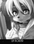  blush canine clothing dog female looking_at_viewer mammal marrie monochrome nme smile solo 