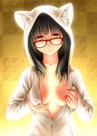  absurdres black_hair breasts glasses highres hood hoodie karakuri_usagi looking_at_viewer medium_breasts nipples original solo 