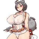  backpack bag belt black_eyes black_hair blush breasts casual_one-piece_swimsuit choker collarbone diving_mask diving_mask_on_head gun handgun holding holding_gun holding_weapon huge_breasts kantai_collection looking_at_viewer maru-yu_(kantai_collection) older omiya_(louise-louis-lucille) one-piece_swimsuit parted_lips partially_visible_vulva pistol short_hair simple_background solo swimsuit trigger_discipline weapon white_background white_swimsuit 