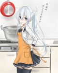  alternate_hairstyle apron azuuru black_legwear blue_eyes counter frying_pan hibiki_(kantai_collection) kantai_collection kitchen long_hair looking_at_viewer no_headwear open_mouth ponytail pot school_uniform serafuku silver_hair skirt skirt_lift solo stove thighhighs 