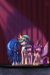  blue_hair braided_hair crown cutie_mark equine eyes_closed female friendship_is_magic gold group hair horn mammal multi-colored_hair my_little_pony necklace ponytail princess_cadance_(mlp) princess_celestia_(mlp) princess_luna_(mlp) purple_hair singing sparkles spotlight stage twilight_sparkle_(mlp) valcron winged_unicorn wings 