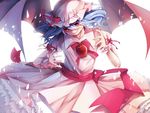  apple backlighting bat_wings blue_hair bow dress food fruit hat hat_bow highres ling_(vivianling) mob_cap petticoat red_eyes remilia_scarlet sash solo touhou wings wrist_cuffs 