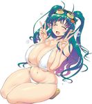  breast_squeeze breasts bubble cleavage closed_eyes curvy goggles goggles_on_head green_hair huge_breasts long_hair navel pointy_ears rebis seiza simple_background sitting smile solo thighs v 