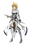  ahoge armor armored_boots armored_dress blonde_hair boots dungeons_and_dragons faintxp gauntlets green_eyes knight original paladin sheath simple_background solo sword weapon 