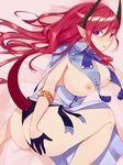  armlet ass bar_censor black_gloves blush bow bowtie breasts capelet censored curtains earrings gloves half_gloves heart_cutout horns jewelry large_breasts legs long_hair looking_at_viewer lying nipples on_side parted_lips pointy_ears purple_eyes pussy red_hair shiny shiny_skin smile solo tail thighs 