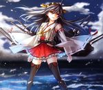  bad_id bad_pixiv_id bare_shoulders black_hair black_legwear boots cannon detached_sleeves haruna_(kantai_collection) headband kantai_collection long_hair nontraditional_miko sakou_mochi solo tears thigh_boots thighhighs yellow_eyes 