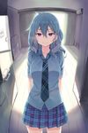  arms_behind_back blue_hair copyright_request hair_between_eyes long_hair looking_at_viewer mole mole_on_neck necktie plaid plaid_neckwear plaid_skirt pleated_skirt purple_eyes refrigerator school_uniform skirt smile solo yunamul 