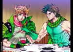  alcohol blonde_hair brown_hair caesar_anthonio_zeppeli cup drinking_glass eating facial_mark feathers fingerless_gloves food fork gloves green_hair hair_feathers headband jojo_no_kimyou_na_bouken joseph_joestar_(young) meiji_ken multicolored_hair multiple_boys pasta pizza scarf two-tone_hair wine wine_glass 
