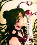  aki_(ocievol) bishoujo_senshi_sailor_moon black_choker bow brown_bow choker circlet earrings garnet_rod gem gloves green_hair hair_bun heart holding holding_staff jewelry lips long_hair looking_at_viewer meiou_setsuna pearl sailor_pluto sailor_senshi_uniform sleeveless solo staff white_gloves 