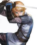  armor bad_id bad_twitter_id belt blonde_hair blue_eyes charcoalo commentary_request gloves link pointy_ears scale_armor solo sword the_legend_of_zelda uniform weapon zelda_musou 