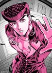  gakuran higashikata_jousuke jojo_no_kimyou_na_bouken looking_at_viewer male_focus meiji_ken monochrome pink pompadour school_uniform solo 