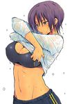  areolae breasts brown_eyes cleavage covered_nipples eroe large_breasts midriff navel original purple_hair see-through shirt shirt_lift short_hair simple_background solo sports_bra sweat wet wet_clothes wet_shirt white_background 